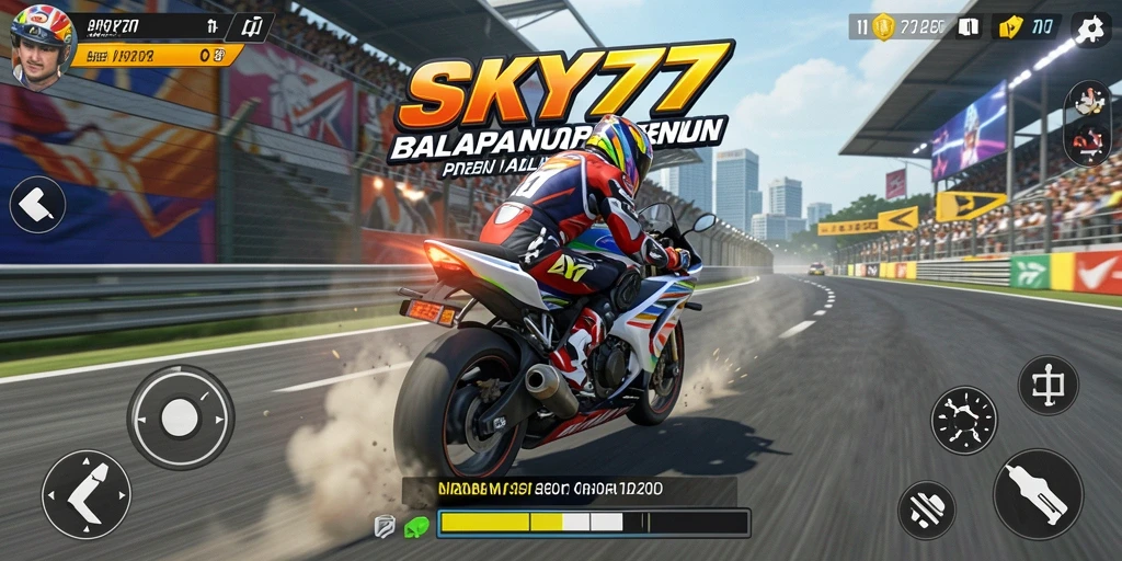 Tampilan gameplay <strong>SKY77</strong> yang memukau dengan aksi balapan motor yang seru.