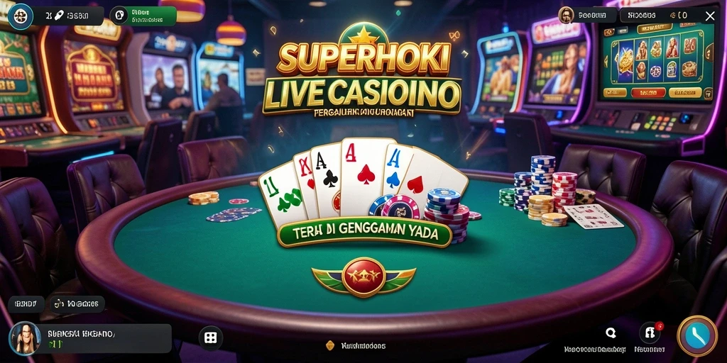 Screenshot gameplay SUPERHOKI yang menampilkan dealer langsung dan suasana kasino yang nyata.