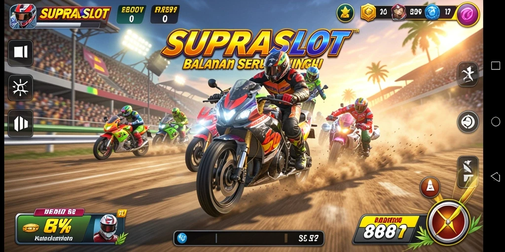 Tampilan gameplay <strong>SUPRASLOT</strong> dengan aksi balapan yang intens dan kendaraan berkecepatan tinggi.