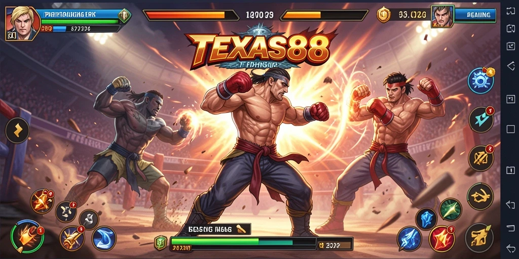 Gameplay seru TEXAS88 dengan berbagai karakter bertarung.